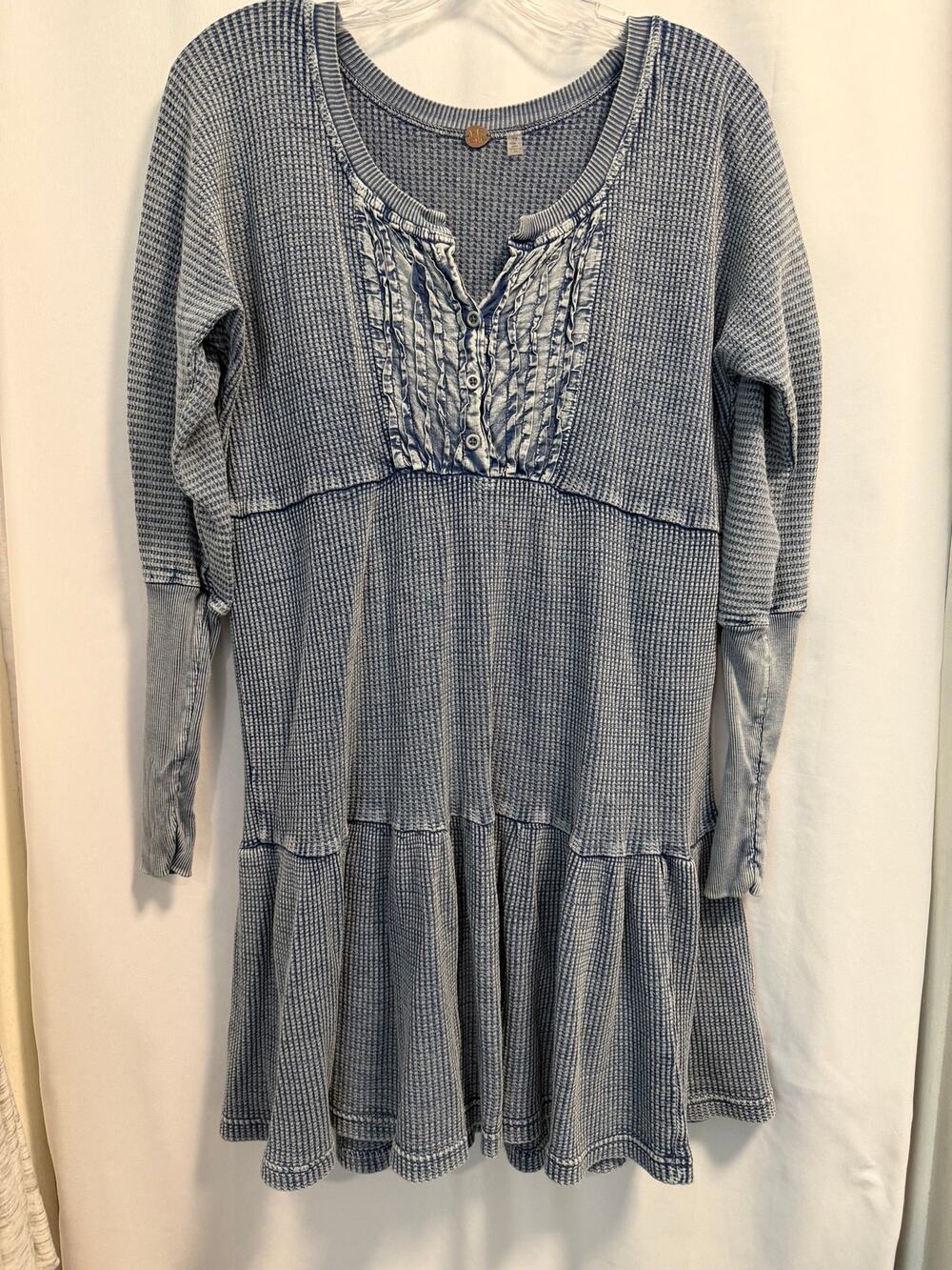 Free People FP One Jolene Thermal Waffle-Knit Tiered Blue Dress- S